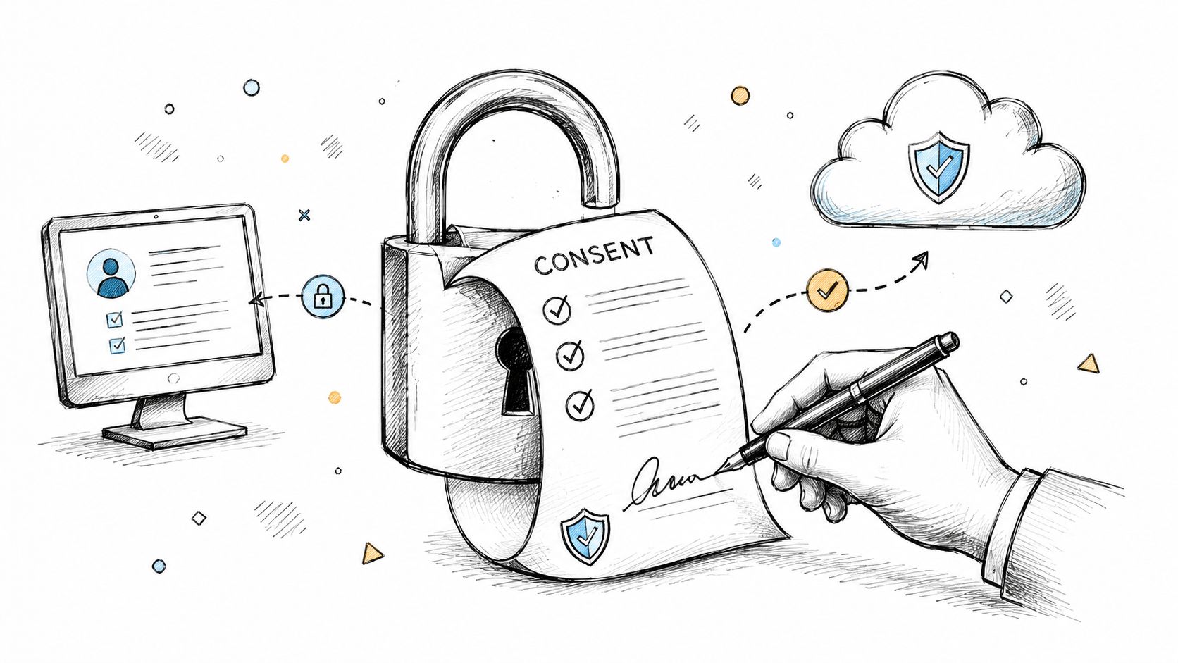 A hand signing a consent document attached to a padlock, illustrating secure data processing and user privacy.