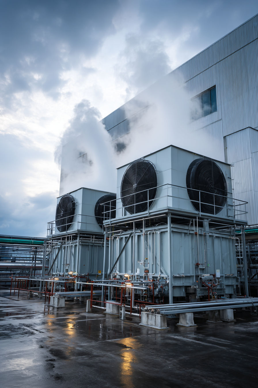sistema industrial de refrigeração por evaporação instalado na área externa de um edifício industrial