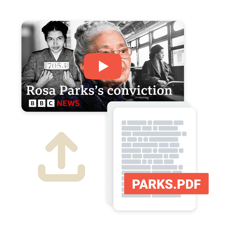 Uploading educational resource showing BBC News video about Rosa Parks's conviction, featuring her booking photo and later portraits, with sharing icon and PDF document link below.