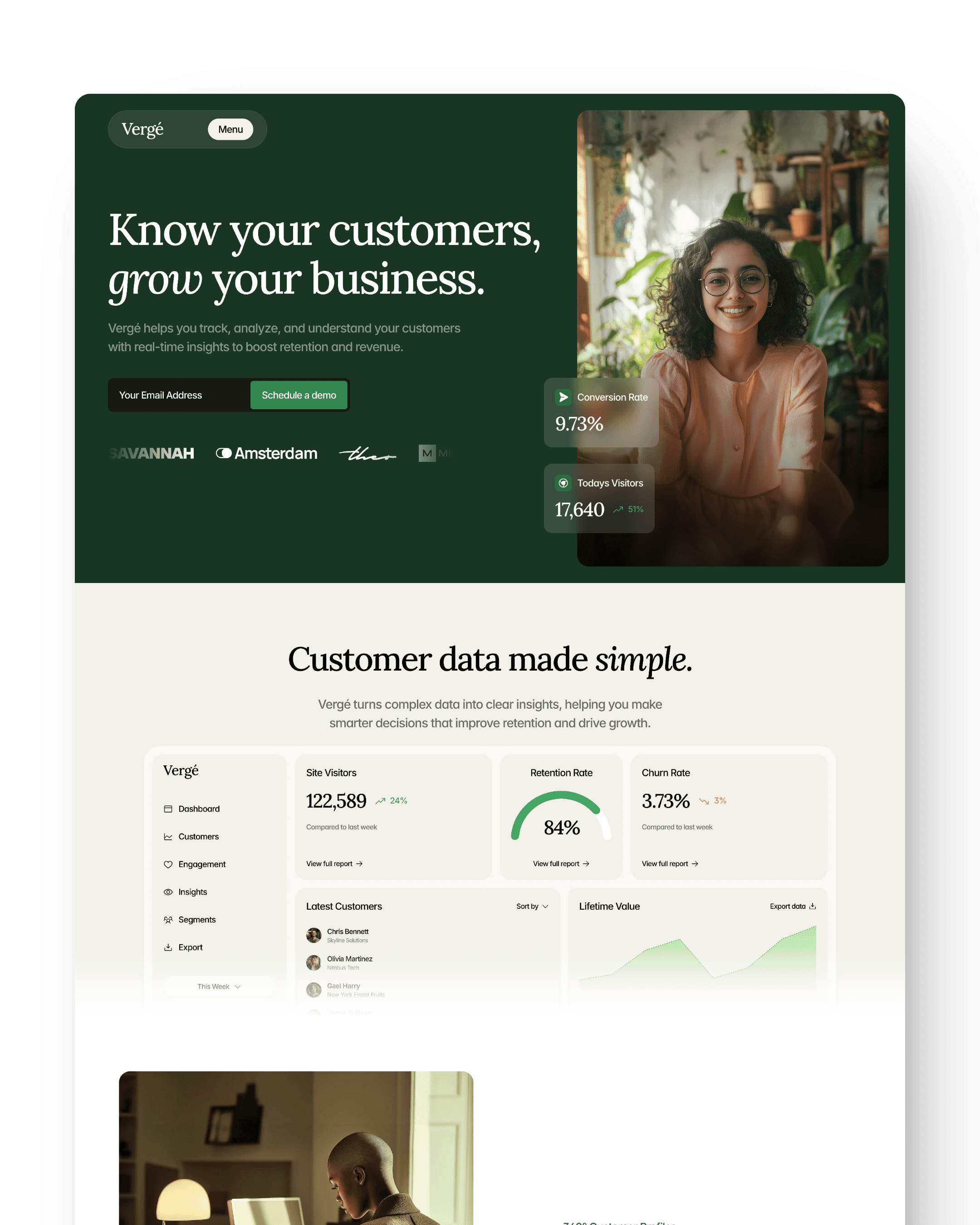 A website homepage featuring a woman holding a drink and analytics graphs, promoting personal finance solutions.