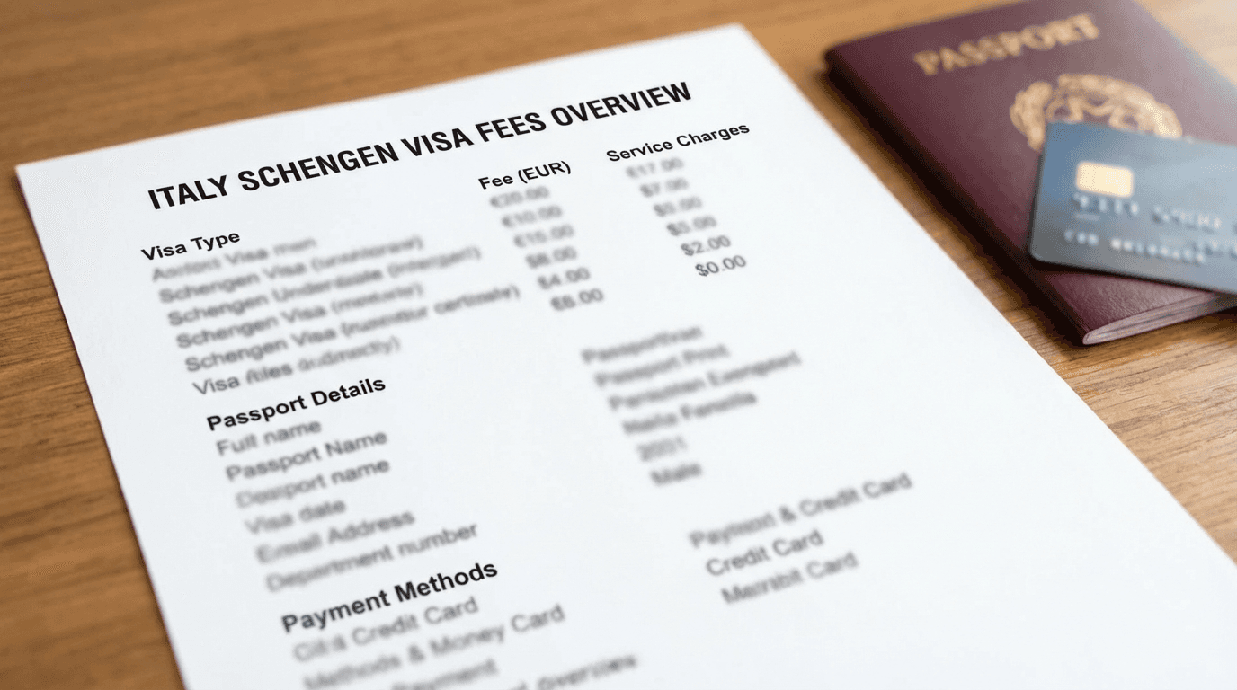 Italy Schengen visa fees overview with passport and payment details