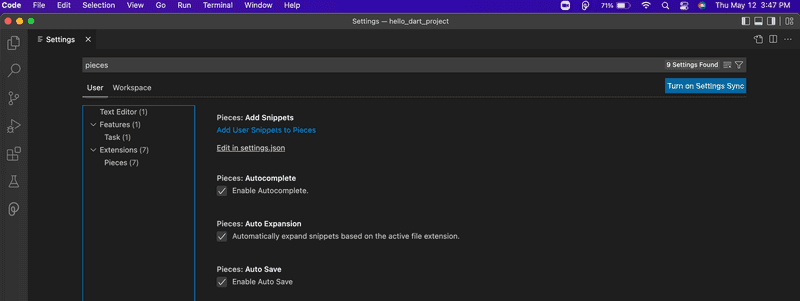Importing User Snippets to Pieces for VS Code.