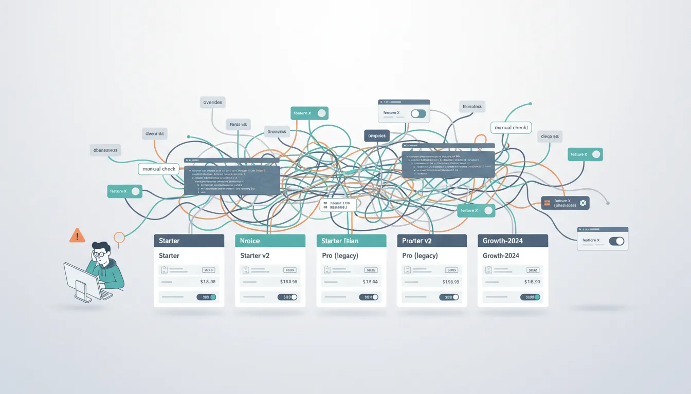 Editorial illustration of a cluttered billing dashboard with duplicate product cards and tangled threads connecting to code snippets and feature toggles, symbolizing fragmented pricing and feature access.