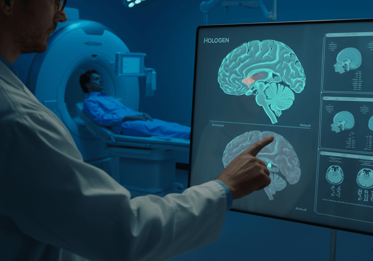 A medical professional analyzing brain scans on a monitor in a dimly lit room with MRI equipment.