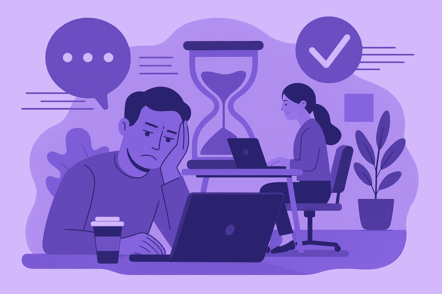 Flat-style illustration of an office worker struggling to focus amidst notifications and chatter, symbolizing workplace distractions, lost productivity, and the challenge of maintaining deep work.