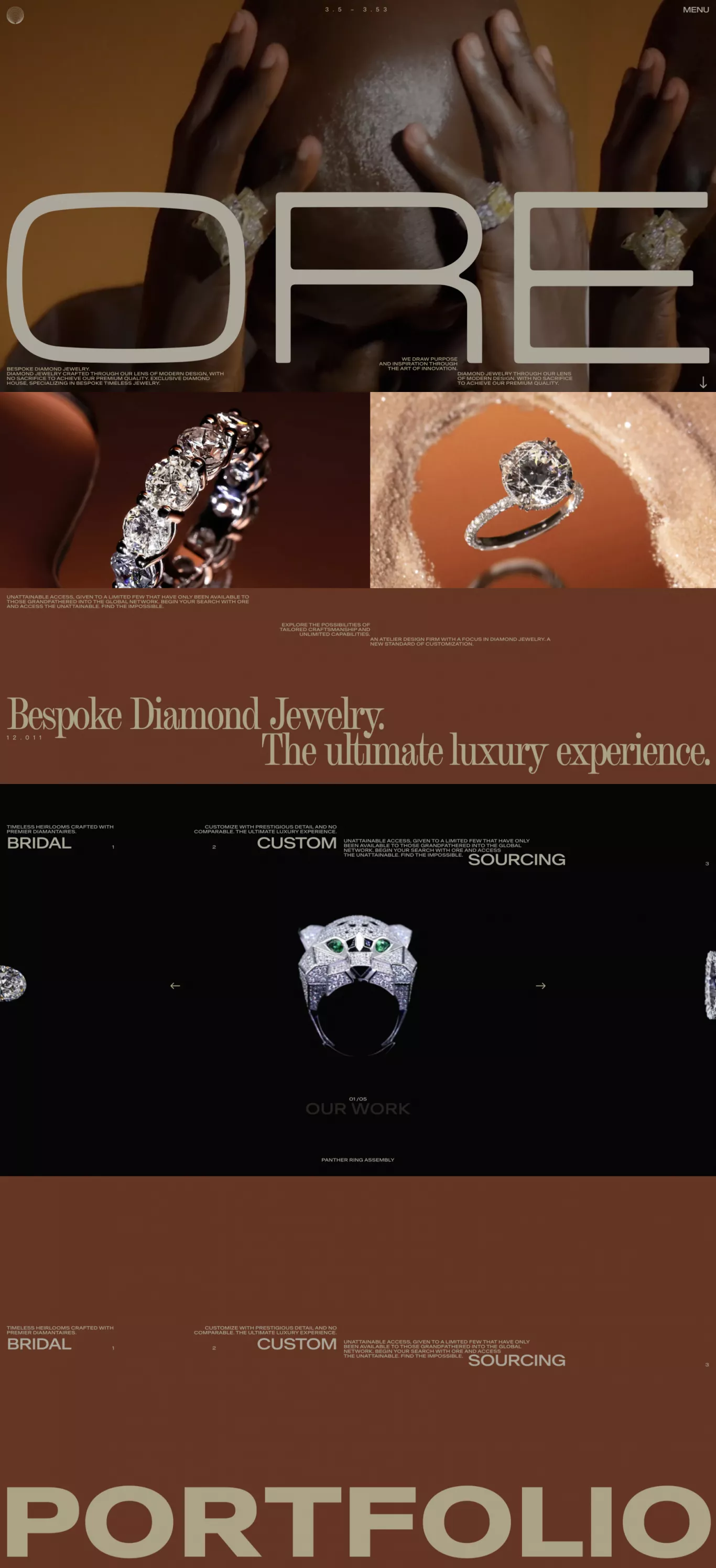 ORE - Homepage portfolio page screenshot showcasing Design and Fashion design