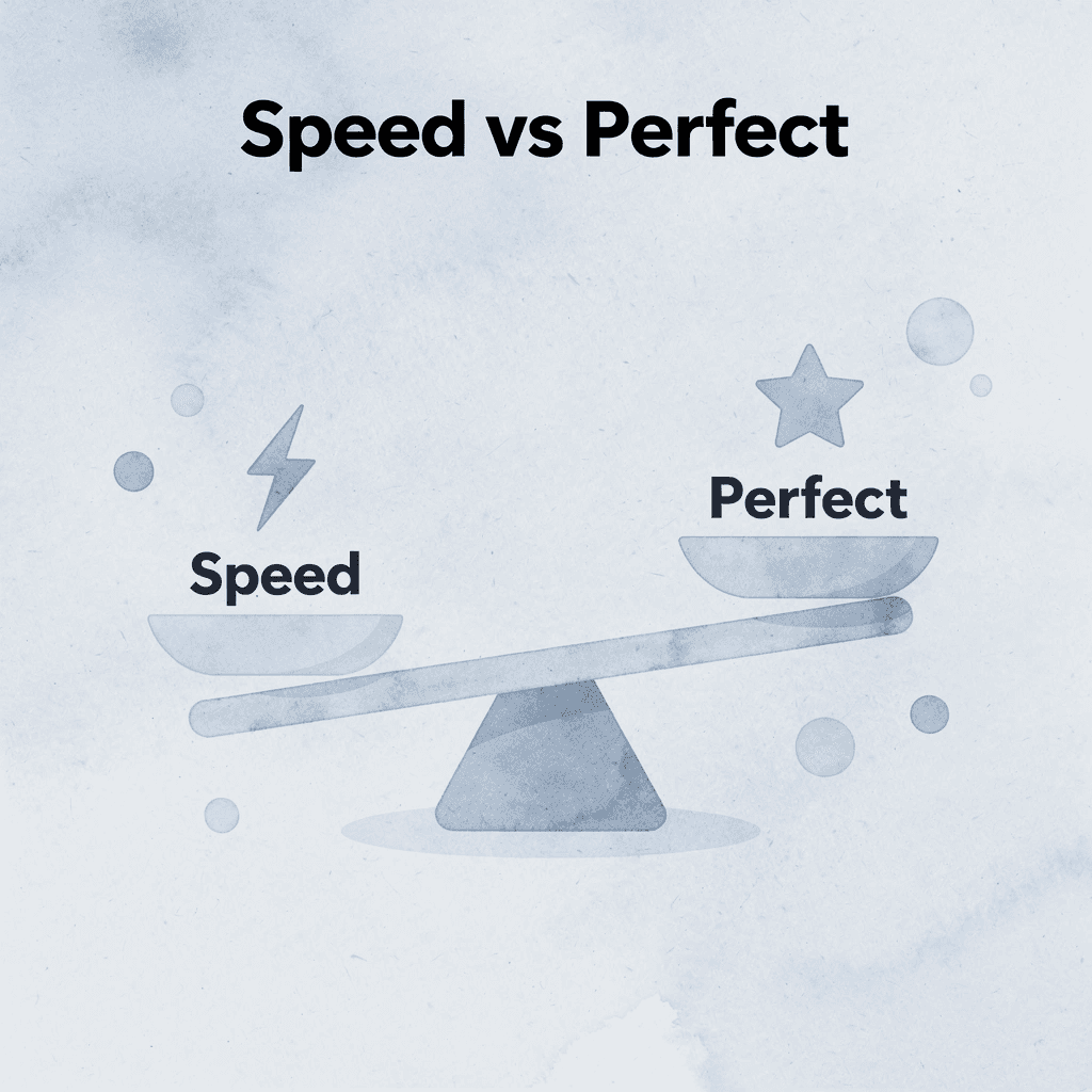 Balance scale comparing speed versus perfection