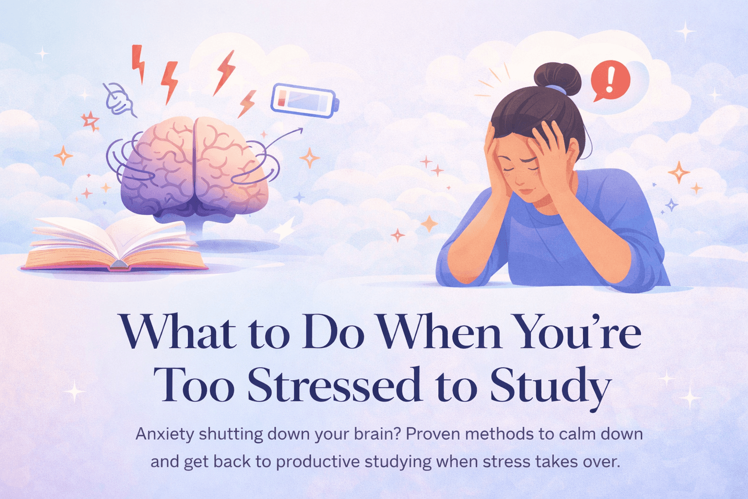 What to Do When You're Too Stressed to Study, student holding head with brain and stress icons showing study tips.