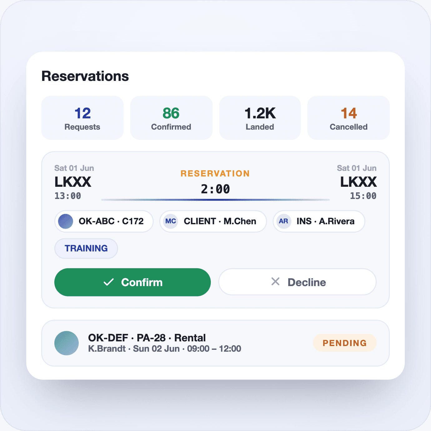 Pending booking request awaiting staff approval in FLYLOG.io