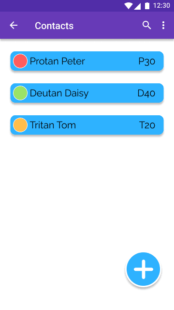 Contacts screen, with three default contacts -- Protan Peter (P30), Deutan Daisy (D40), and Tritan Tom (T20)
