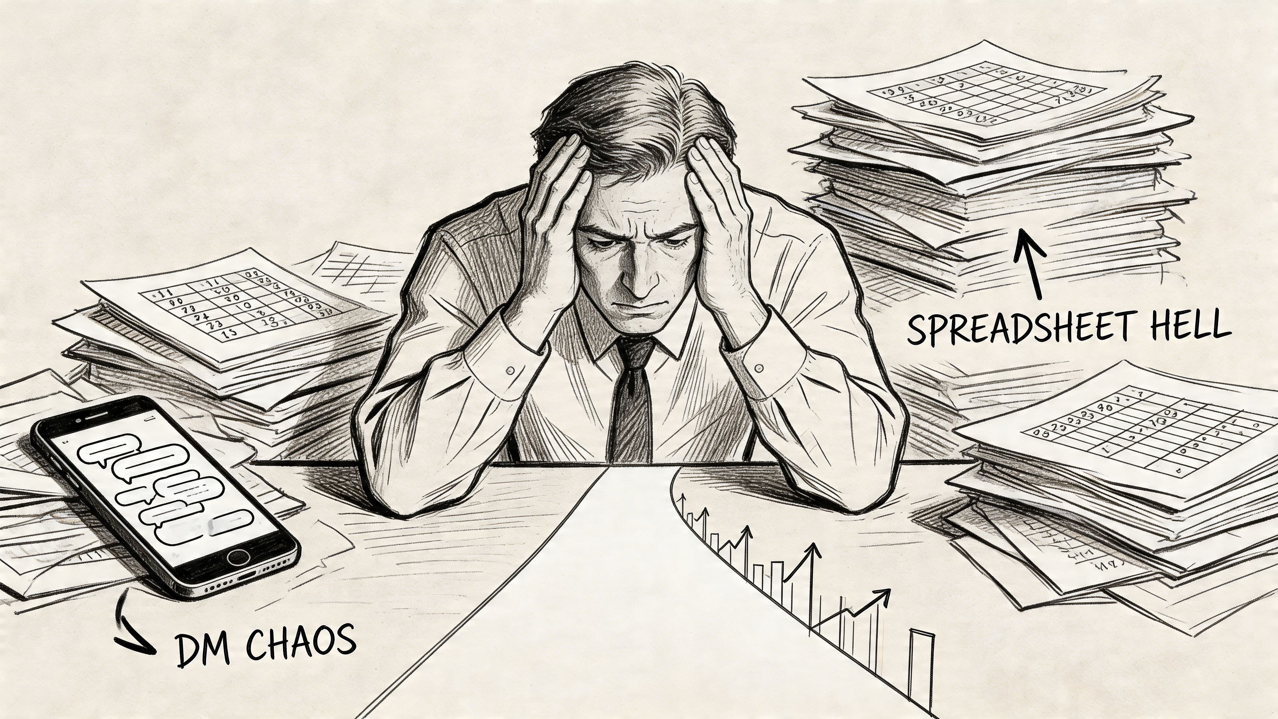 A distressed businessman overwhelmed by excessive paperwork, disorganized spreadsheets, and constant digital messages on his smartphone.