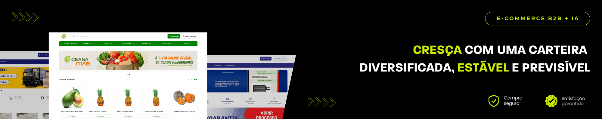 Banner horizontal com fundo escuro, ícones de segurança e satisfação, e imagens de lojas B2B exibidas à esquerda. Elementos gráficos em verde destacam o tema de e-commerce B2B com IA.