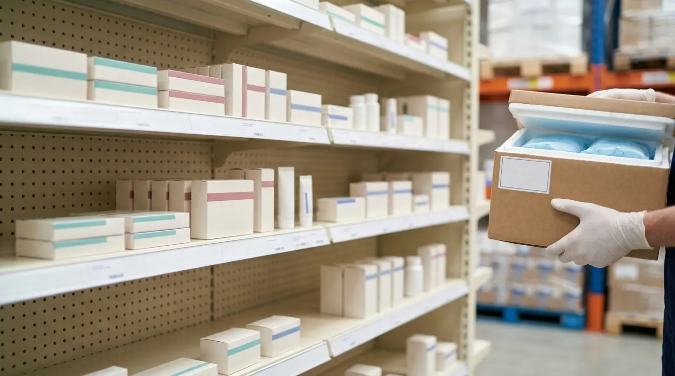 Pharmacist wearing gloves holding a thermal box in front of pharmacy shelves with products for sale.