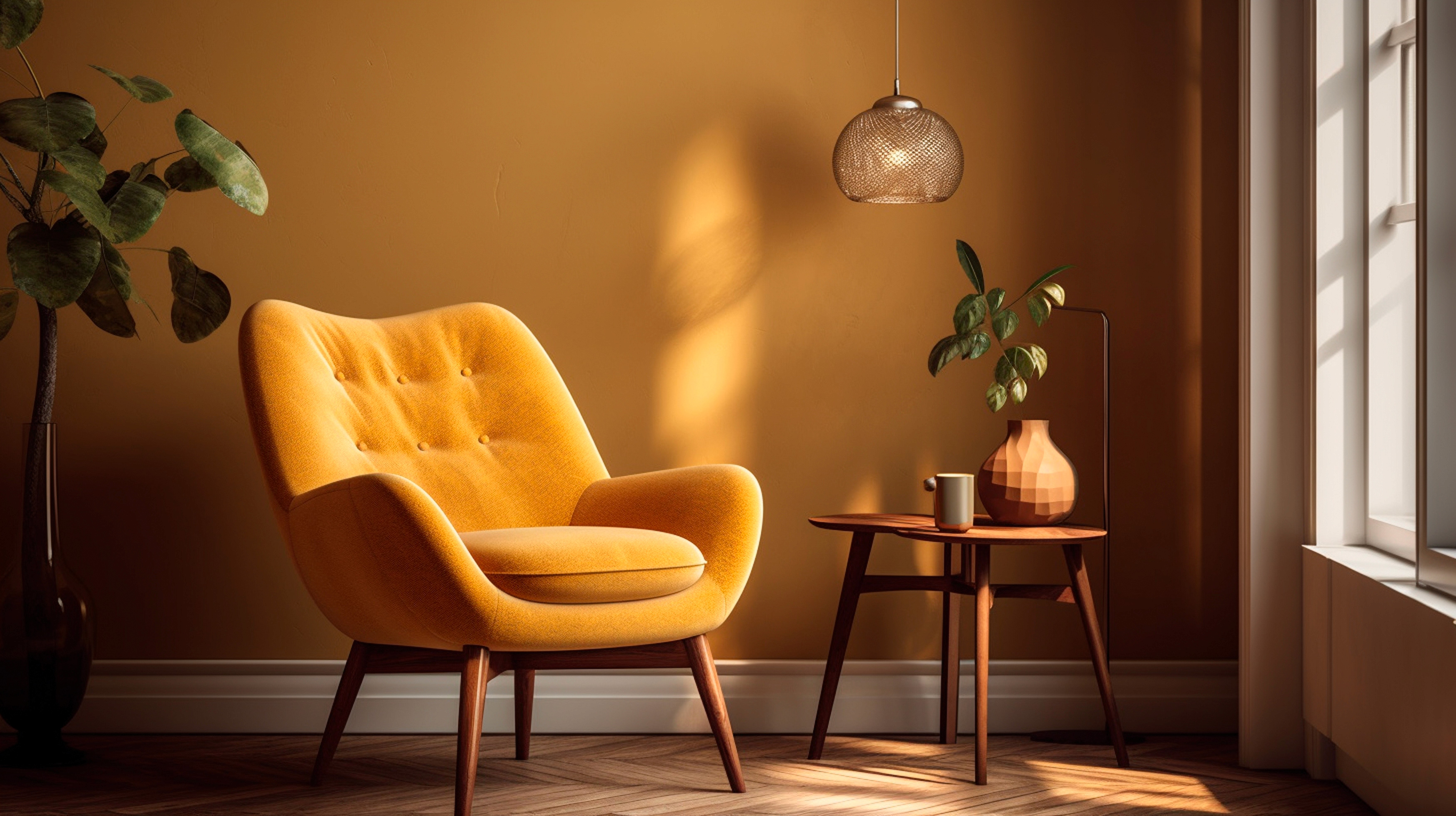 Minimal cream sofa set with cacti and skylight.