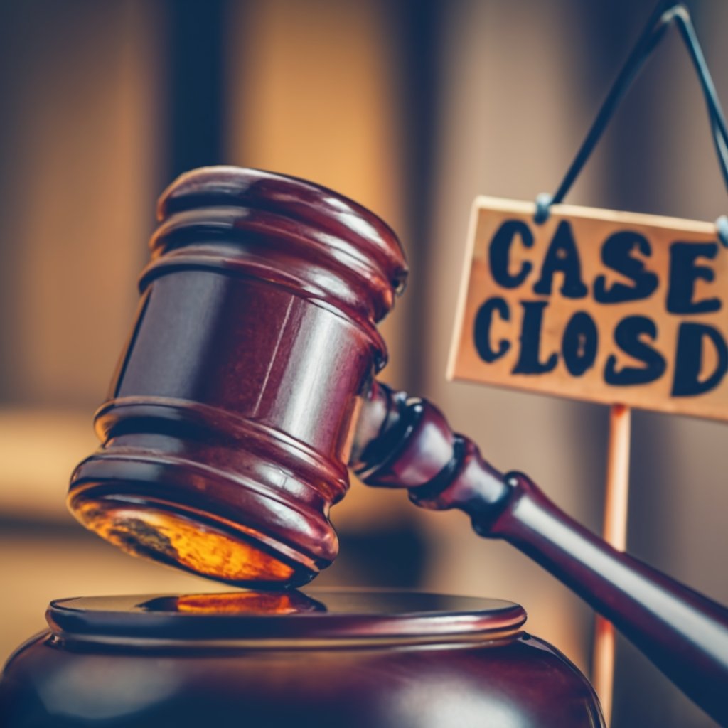 Gavel and 'case closed' sign, representing Fibi Law Firm's successful track record
