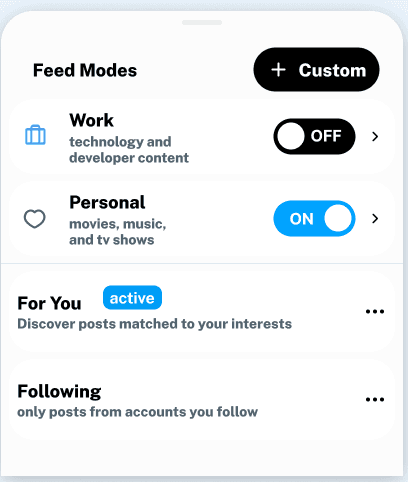 The shipped card: Work and Personal with icons, exclusive toggles and chevrons, then For You and Following below a divider with an active chip