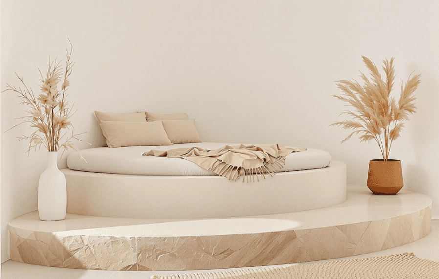 Minimalist bedroom with a round bed, neutral decor, and pampas grass in vases..