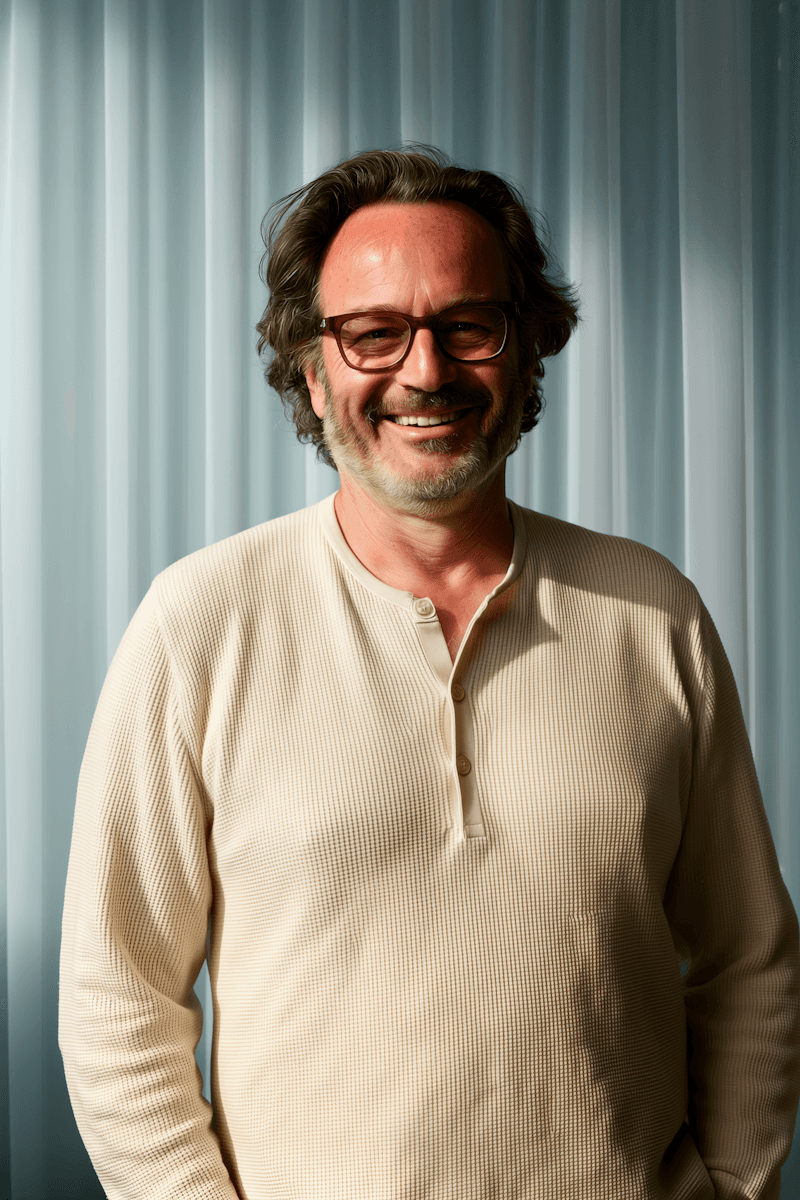 A smiling man with glasses and wavy hair stands against a softly lit blue curtain. He wears a light beige henley shirt, exuding a relaxed, cheerful vibe.