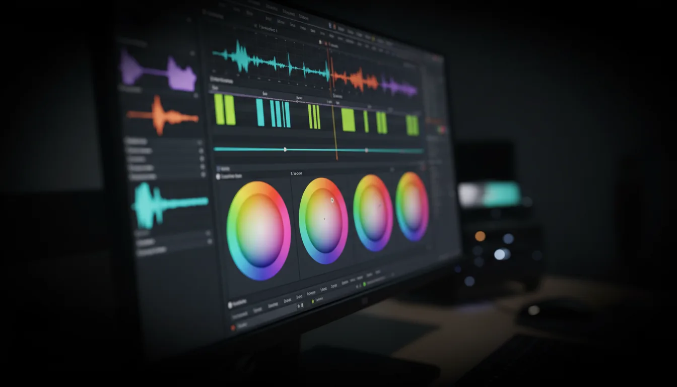 DSLR photography of a professional color grading software interface on a monitor, shot from a close-up, dramatic angle. The modern dark mode UI is the central focus, featuring a video timeline with abstracted clips in teal and green. A panel in the lower half displays four vibrant, circular rainbow color wheels used for video editing. The background shows out-of-focus video scopes, histograms, and UI elements. The image has a very shallow depth of field, with the color wheels in tack-sharp focus. Lighting is cinematic and high-contrast, with a heavy vignette creating a dark, moody atmosphere where the screen is the main light source.
