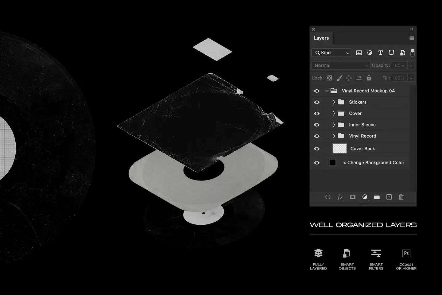 Vinyl record mockup Photoshop template with smart objects and organized layers