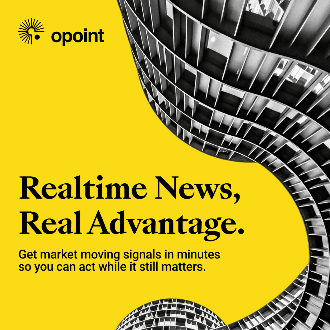 A digital advertisement promoting real-time news insights, featuring a yellow background and abstract architectural shapes.
