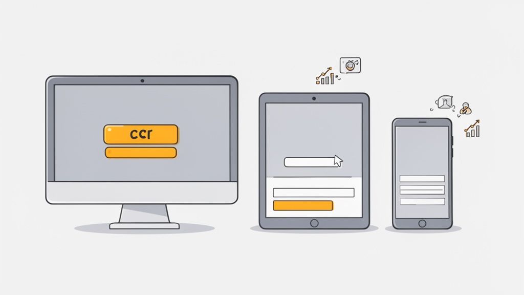 Responsive user interface design across desktop, tablet, and mobile devices with data icons.