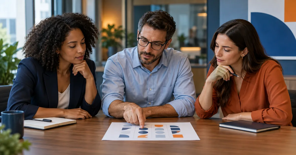 Três profissionais de comunicação interna analisam juntos uma matriz abstrata de critérios sobre uma mesa de reunião.