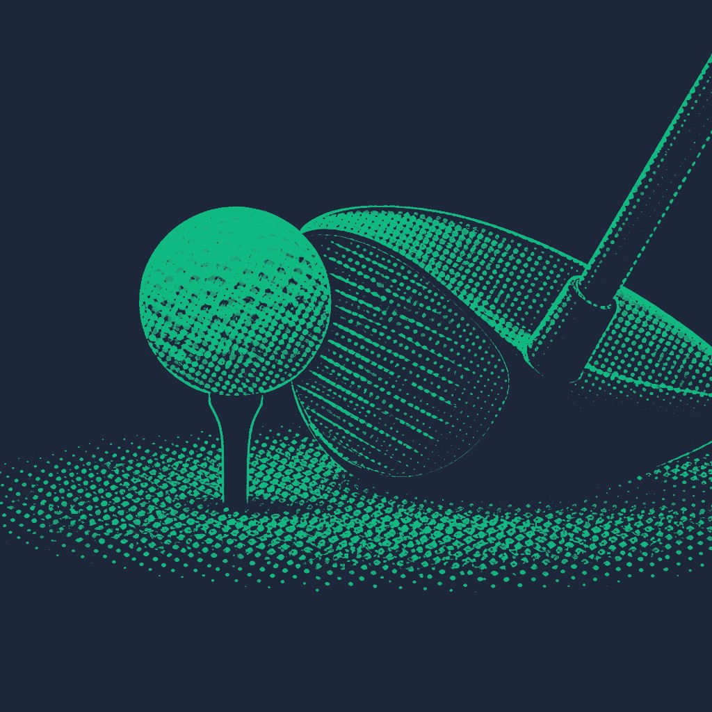 A close-up teal graphic of a golf ball perched on a tee with a large driver head positioned behind it, ready for a long-distance shot.