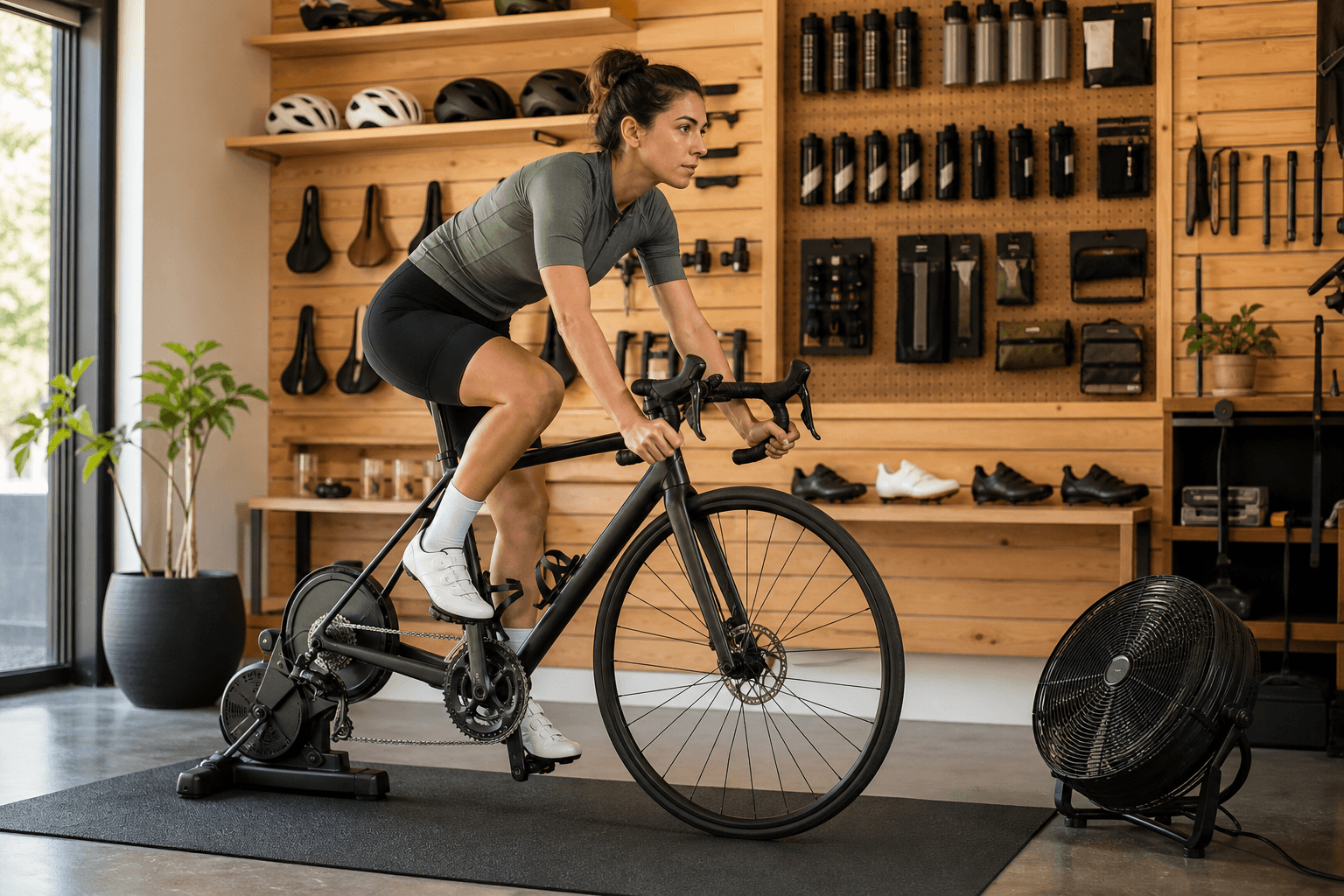 Cyclist training indoors on a road bike