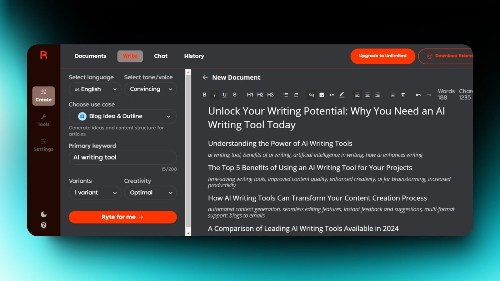 Screenshot of Rytr interface generating a blog outline for AI writing tools, with options for language, tone, primary keyword, and creativity level.