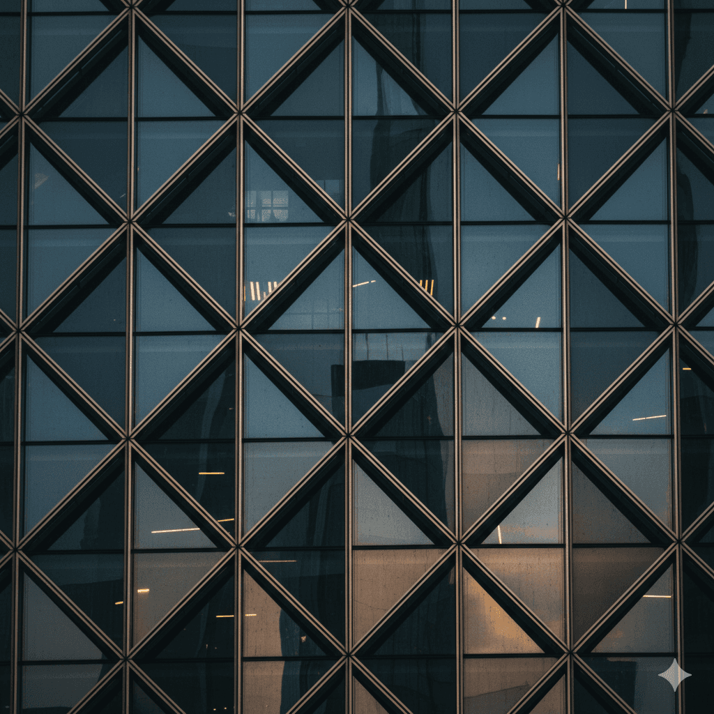 Close-up of geometric glass facade and premium architectural detailing of a commercial building in Golf Course Road, Gurugram