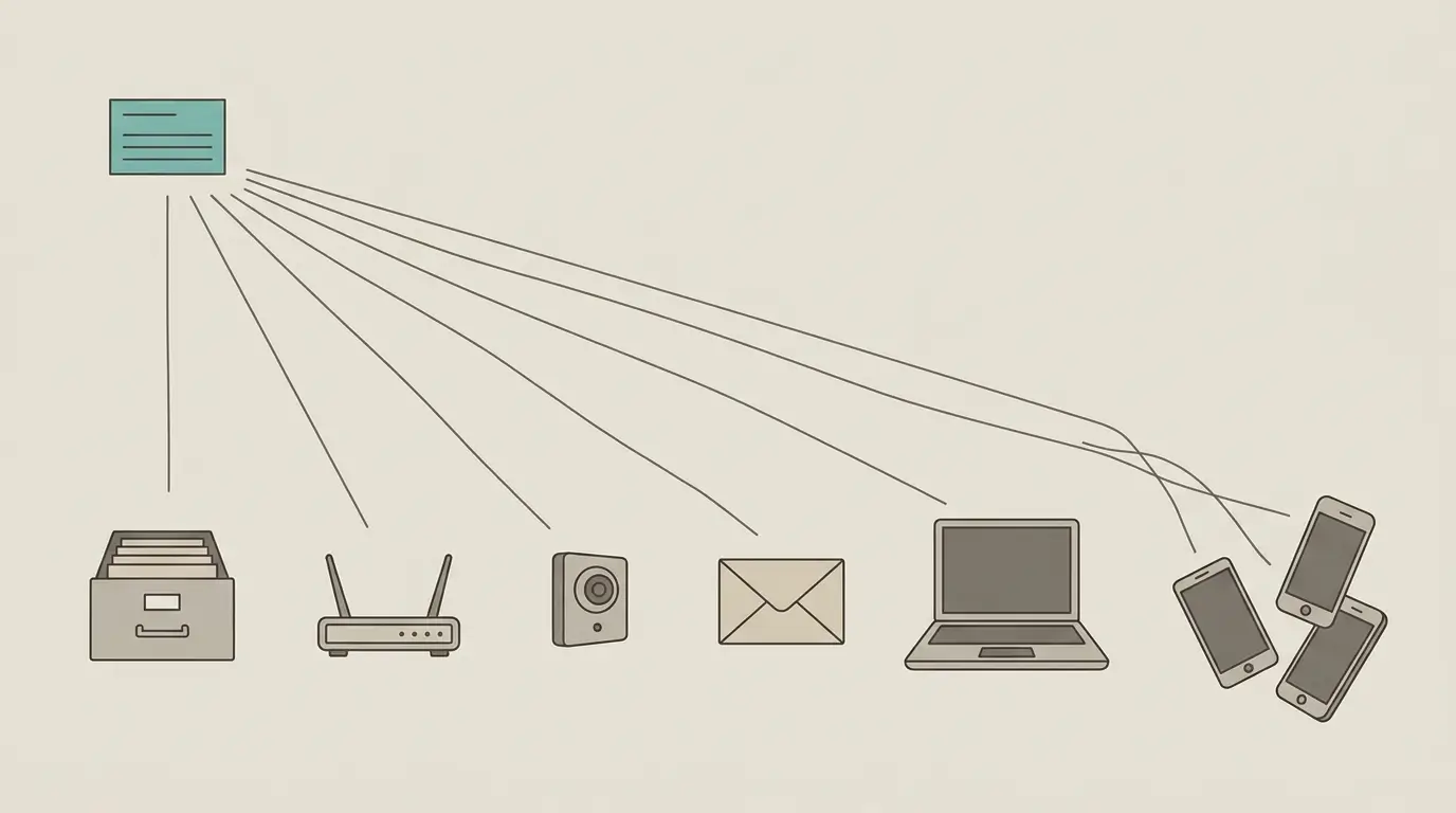 An illustration of a single registration card in the upper left with thin lines fanning outward to a filing drawer, a router, a camera, an envelope, a laptop and a loose pile of three phones, the lines growing more tangl