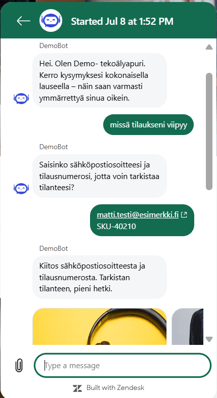 Screenshot of the Zendesk AI agent's chat window, where the customer asks about their order status and the agent asks for an email address before showing the carousel.