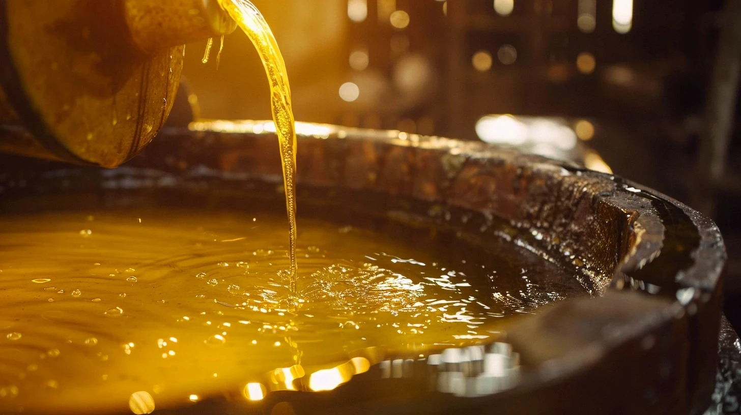 Fresh olive oil being poured into a wooden barrel