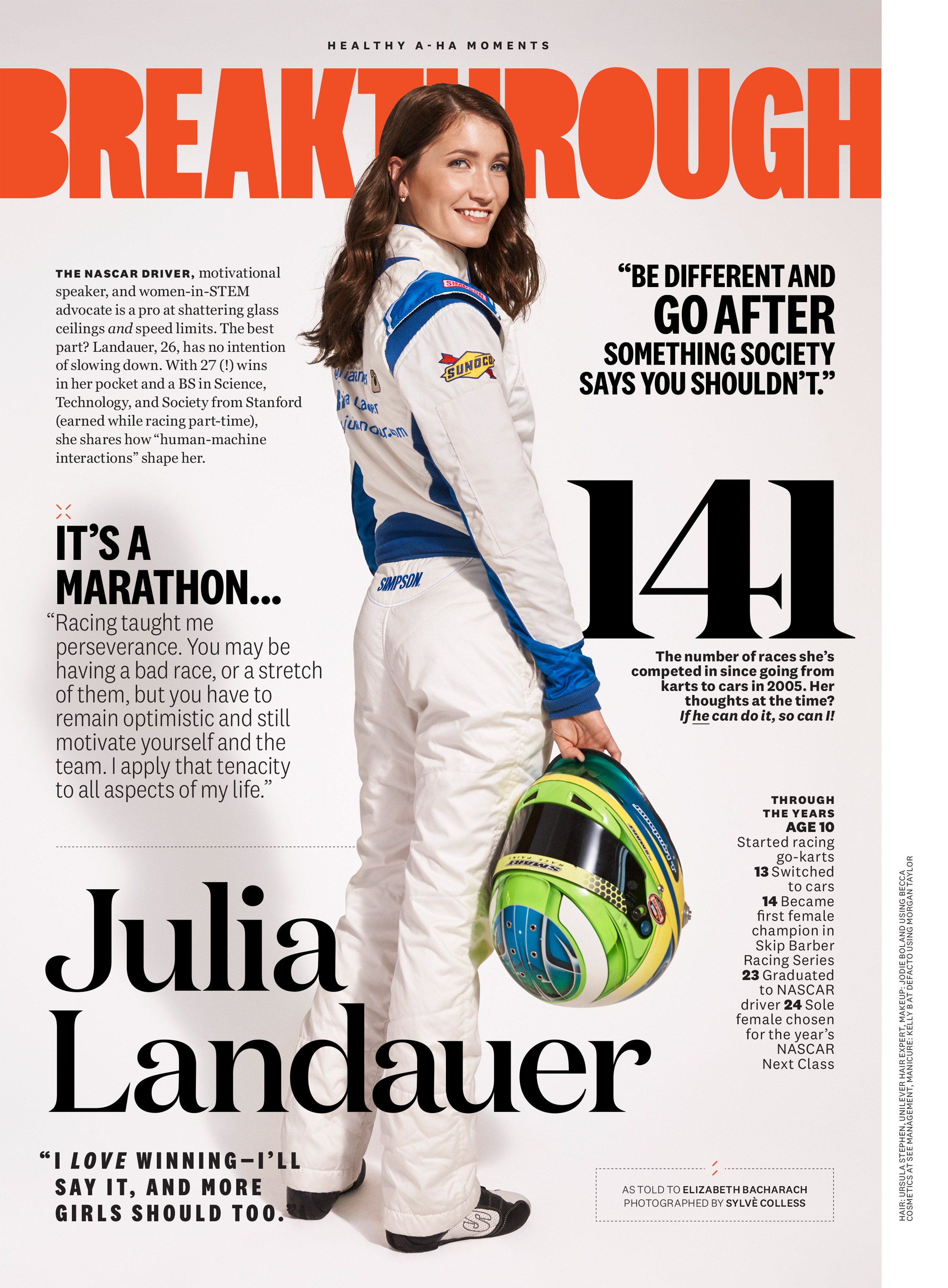 A layout with a full-body studio portrait of NASCAR driver Julia Landauer. She is in her uniform, holding her helmet while looking over her shoulder back at us with a smile