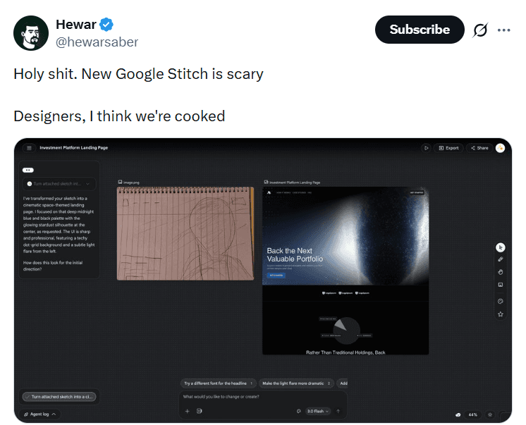X post about Google Stich
