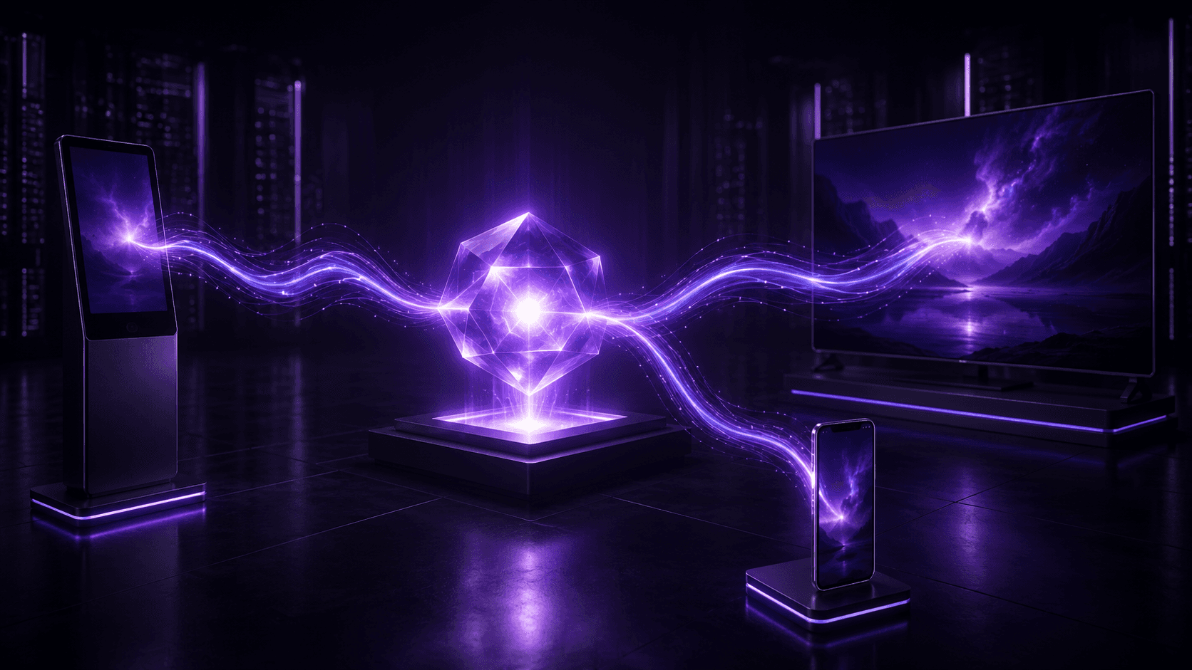Cloud-rendered 3D experience streaming from a central core to a kiosk, screen, and phone