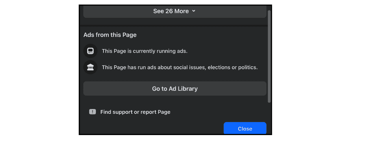 Facebook Ads from this Page section displaying ad status and Go to Ad Library option
