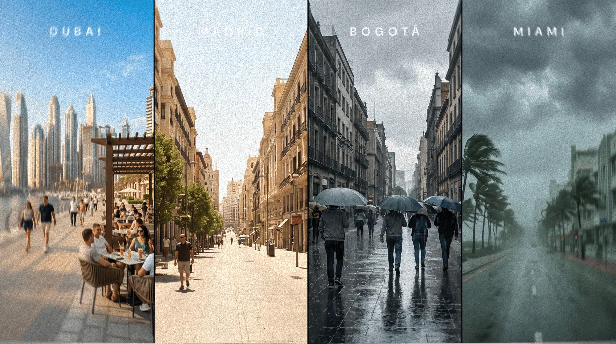 Comparación visual de ciudades: Dubái, Madrid, Bogotá y Miami con diferentes climas.