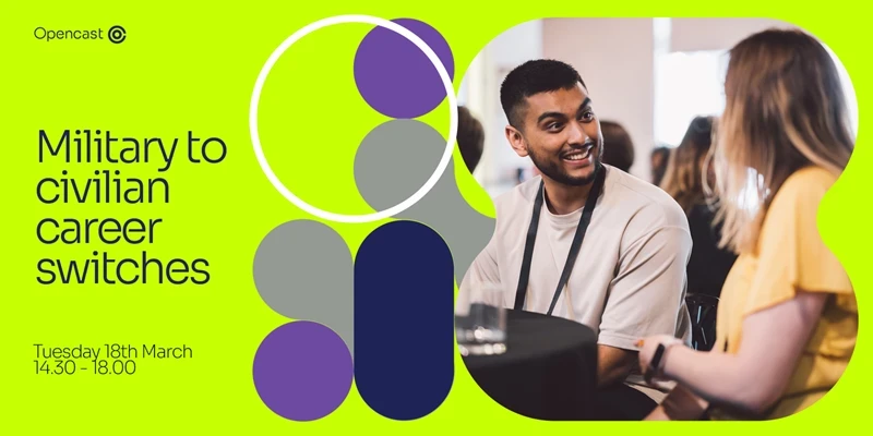 Event graphic for Military to civilian career switches with a photo of two people talking and smiling