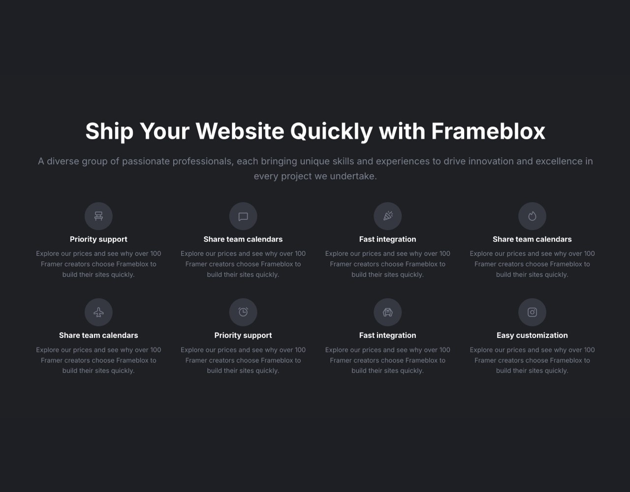 Framer Dark Features Section - Frameblox UI
