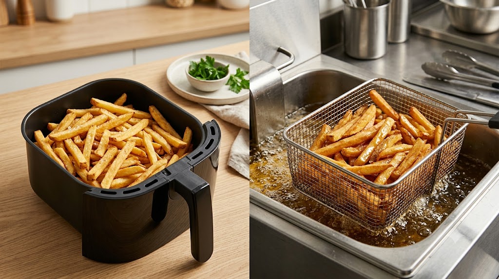 A split-image comparison of French fries, showing on the left, an air fryer basket filled with fries on a wooden counter, and on the right, a deep-fryer basket of fries submerged in bubbling hot oil.