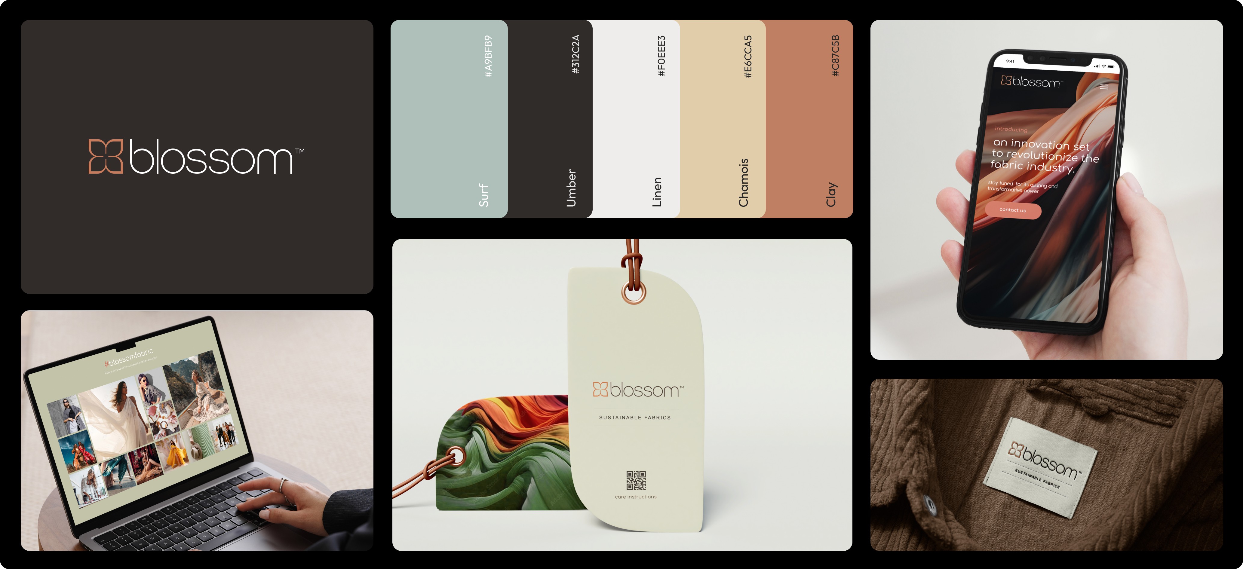 Blossom Brand Identity: Mosaic showing the logo, color palette, fabric mockups, website design on a phone, and product hang tag for the innovative fabric industry brand.