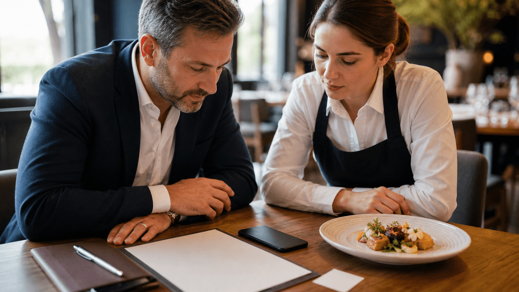 Restaurateur discutant sur une table avec un menu et un téléphone éteint.