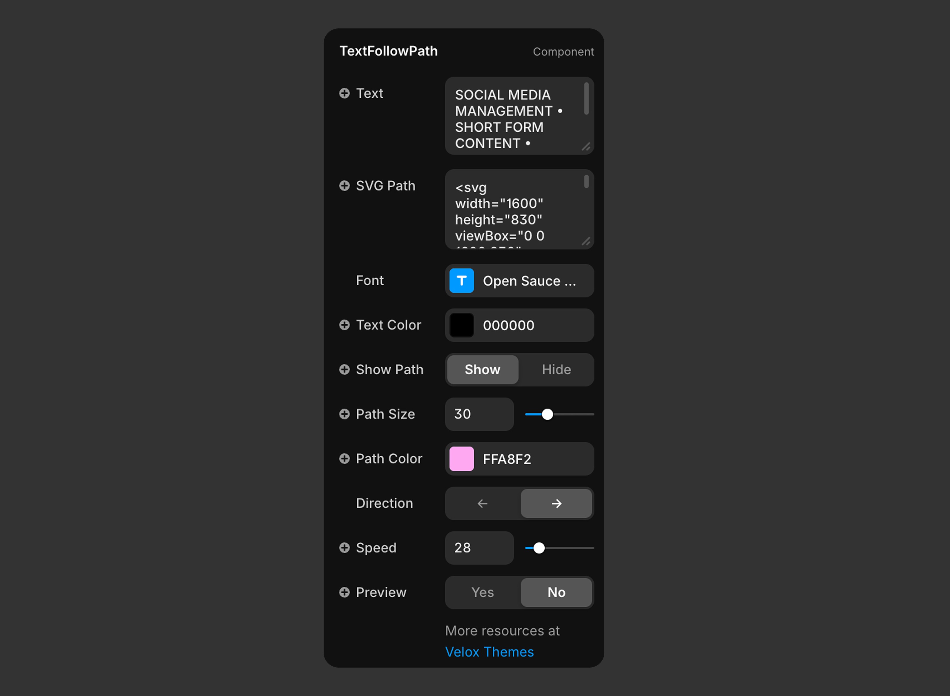 All controls of text follow path framer component