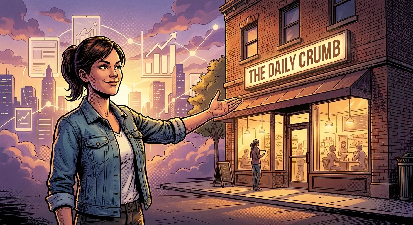 RockN' Socials expert outside "The Daily Crumb," showcasing digital marketing.