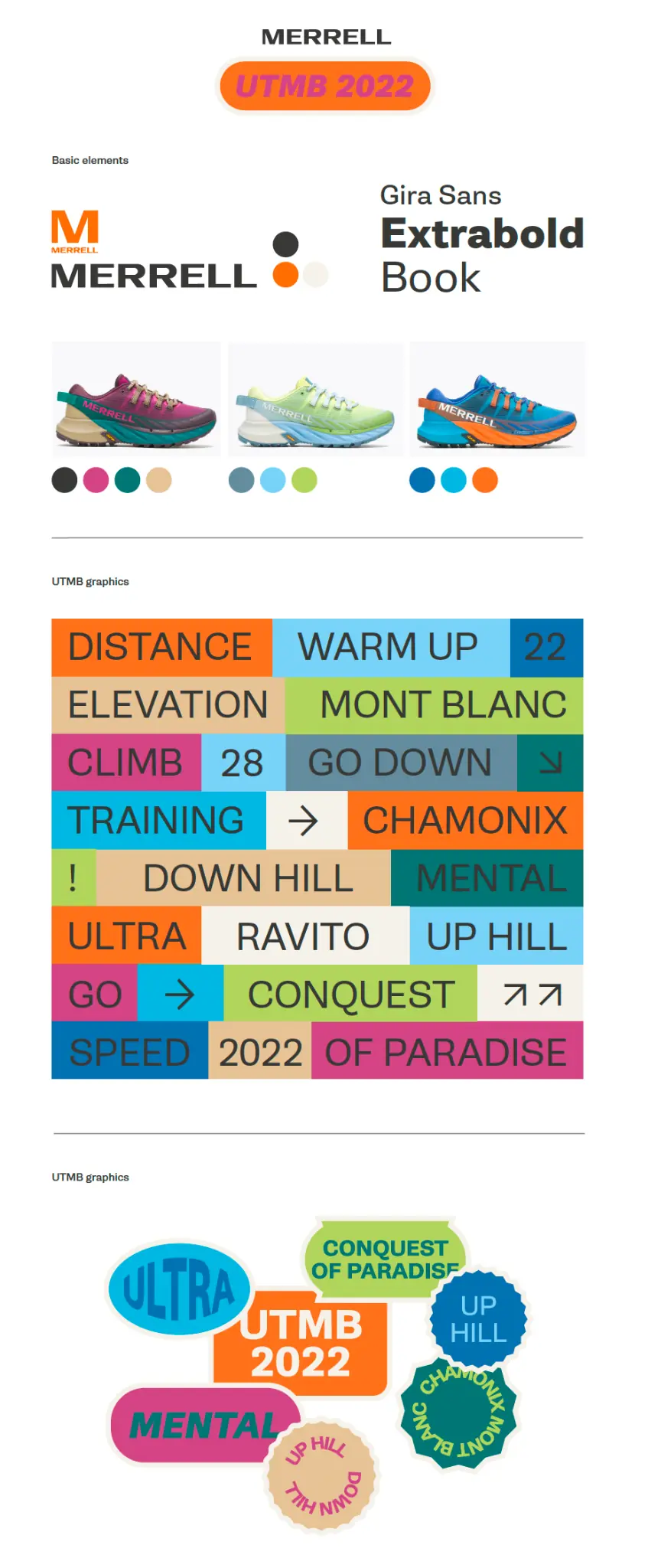 Planche graphique de mots-clés et design coloré – univers visuel Merrell par Outdoor Perspectives.