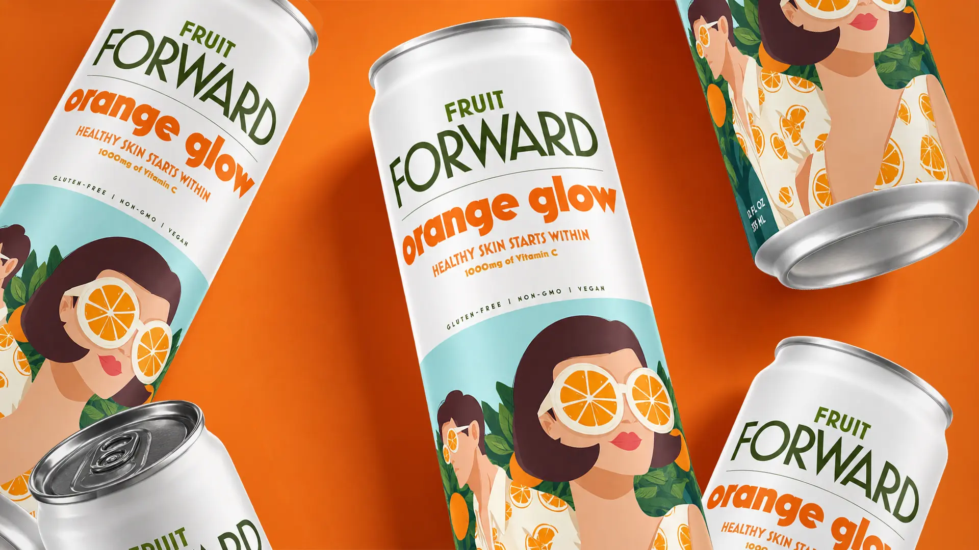 Fruit Forward Orange Glow beverage cans arranged against a bold orange background.