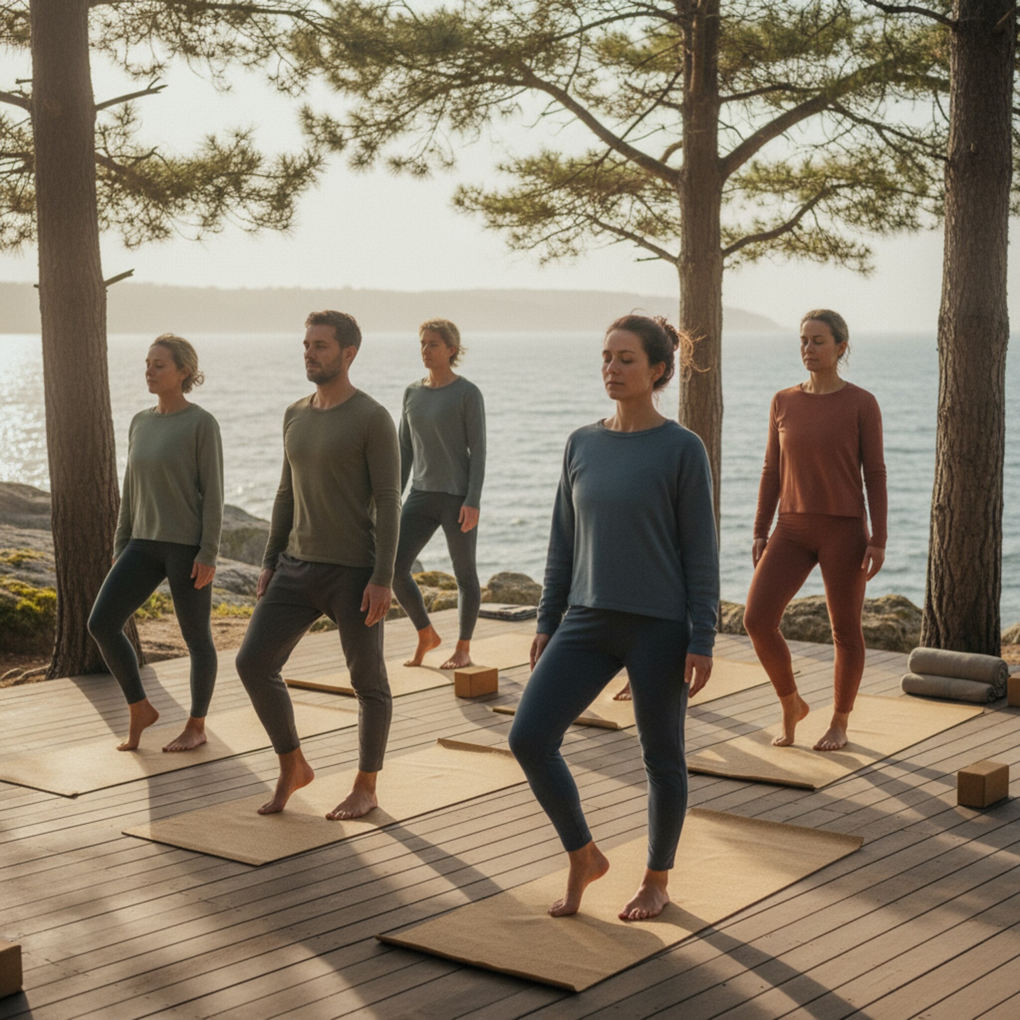 Warme Morgensonne fällt auf ein hölzernes Yogadeck, eingerahmt von Pinien. Eine kleine Gruppe hält ruhige Atemzüge in der Berghaltung, die Luft ist klar. Im Hintergrund glitzert das Meer zwischen Felsen. Ein paar zusammengerollte Decken liegen bereit, es herrscht konzentrierte Stille und Gelassenheit.