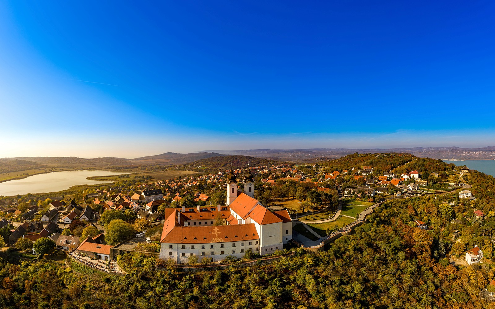 Aerial view of Tihany Abbey and Lake Balaton in Hungary.